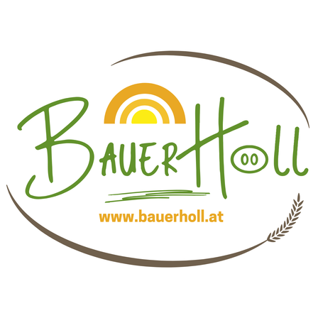 Logo von BauerHoll, mit den Worten 'BauerHoll', einer Sonne und einem Weizengarben im Hintergrund und der Website www.bauerholl.at in der Mitte unten.