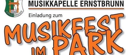 Plakat für das Ernstbrunn Musikfest, mit dem Namen der Veranstaltung in großen orangefarbenen Buchstaben, links mit dem Ernstbrunn-Wappen.