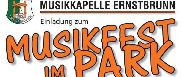 Plakat für das Ernstbrunn Musikfest, mit dem Namen der Veranstaltung in großen orangefarbenen Buchstaben, links mit dem Ernstbrunn-Wappen.