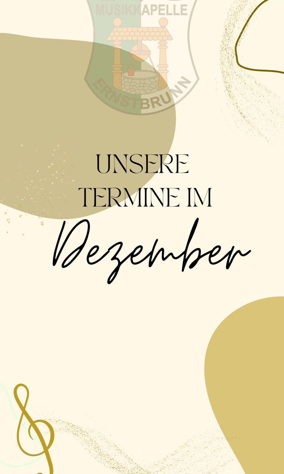 Ein beiges und goldenes Design kündigt 'Unsere Termine im Dezember' mit kursiver Schrift und goldenen Akzenten an.