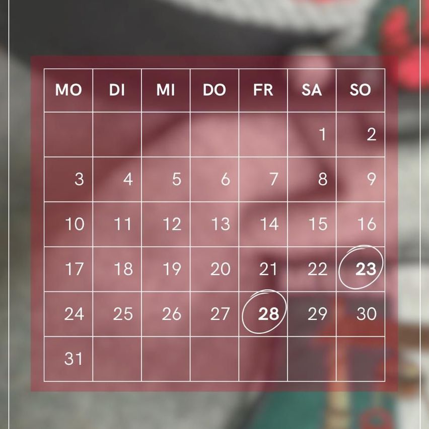Ein Kalenderraster mit Wochentagen von Montag bis Sonntag. Die Zahlen 1 bis 31 sind in einem Raster angeordnet. Die Zahlen 23 und 28 sind umkreist.