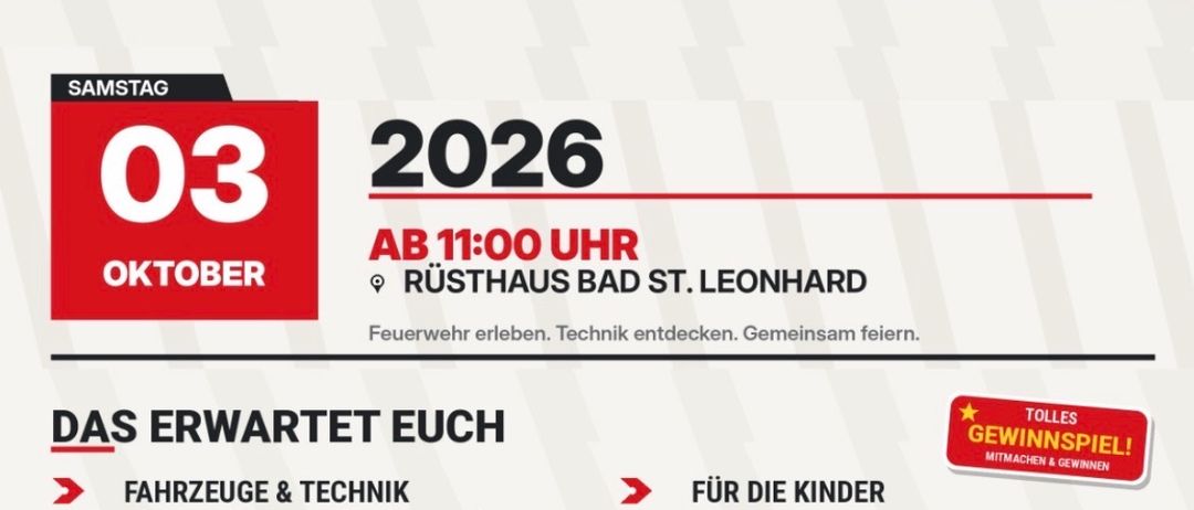 Plakat für einen Tag der offenen Tür am 3. Oktober 2026 bei der Feuerwehr, mit Feuerwehrfahrzeugen, Aktivitäten für Kinder und Live-Musik.
