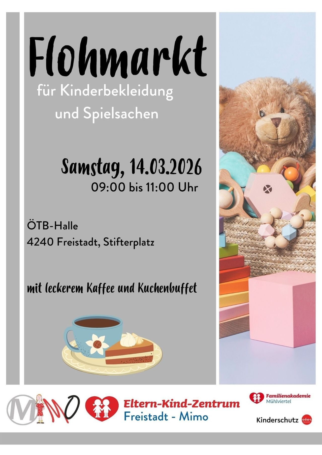 Einladung für Kinderkleidung und Spielzeug am 14.03.2026 von 09:00 bis 11:00 in der OTB-Halle, Freistadt. Inklusive Kuchen, Kaffee und Buffet. Mit einem Korb voller Spielzeug und einem Teddybären.