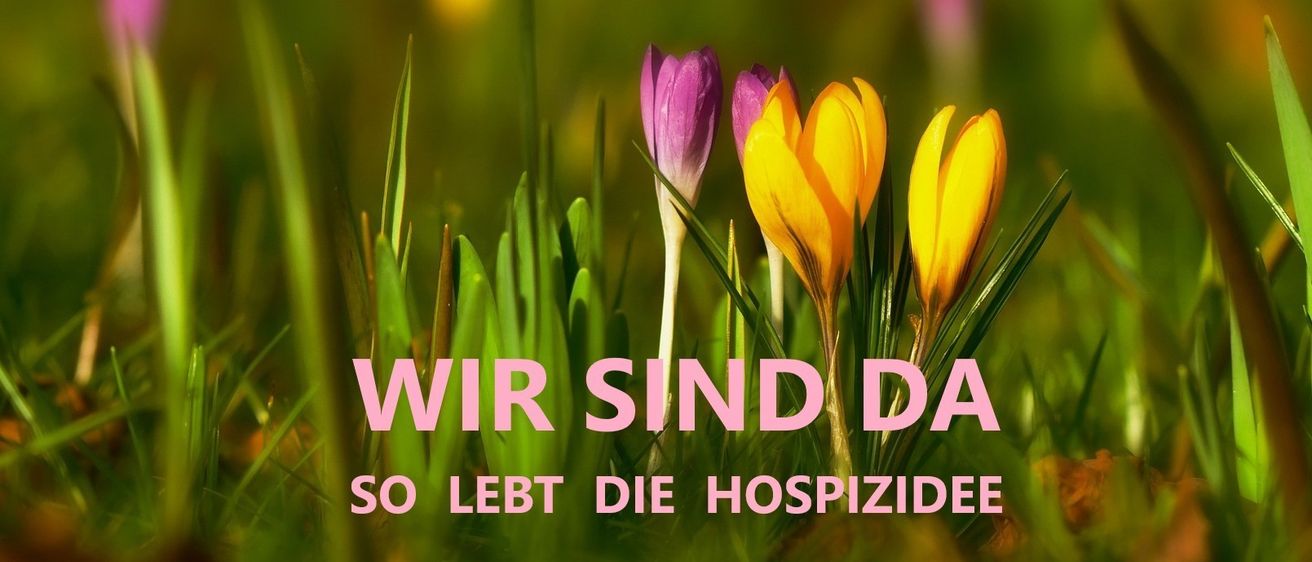 Ein Bild mit grünem Hintergrund und Blumen. Der Text lautet 'WIR SIND DA, SO LEBENK DIE HOSPITIZIDEE. Die Blumen sind lila, gelb und grün.