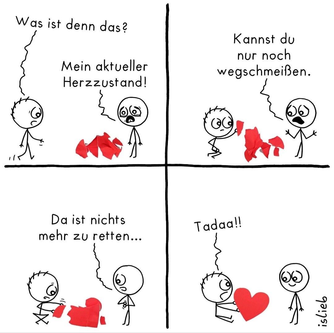 Eine Comicsequenz mit zwei Panels. Im ersten hält eine Figur ein zerrissenes Herz und eine andere Figur ist überrascht. Das zweite Panel zeigt eine Figur, die ein Herz hält, und eine andere Figur, die Schock ausdrückt.