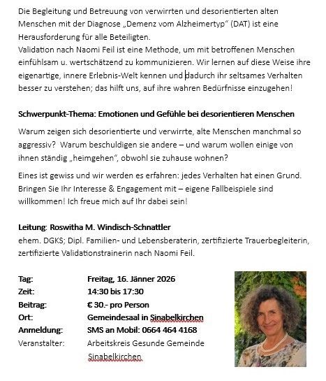 Poster details a workshop on emotional and feelings in disoriented people, led by Roswitha M. Windisch-Schnatter. The event is on Friday, January 16, 2026, from 14:30 to 17:30 in Sinabelkirchen. Registration via SMS to 0664 464 4168. Hosted by Arbeitskreis Gesundheit Gemeinde Sinabelkirchen.