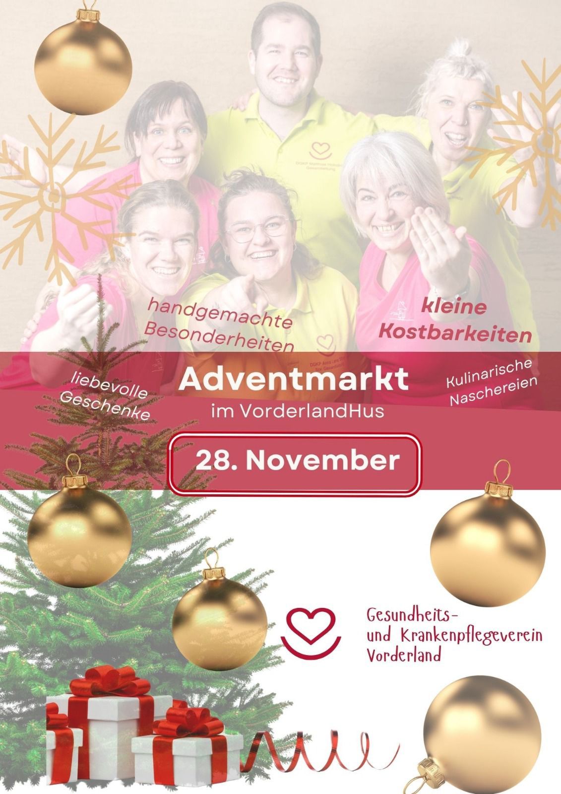 Das Bild ist eine Werbung für den Adventmarkt im Vorderland Haus am 28. November, mit handgemachten Spezialitäten, kostengünstigen Produkten und kulinarischen Köstlichkeiten. Eine Gruppe von Frauen lächelt zur Kamera, geschmückt mit Weihnachtsschmuck.