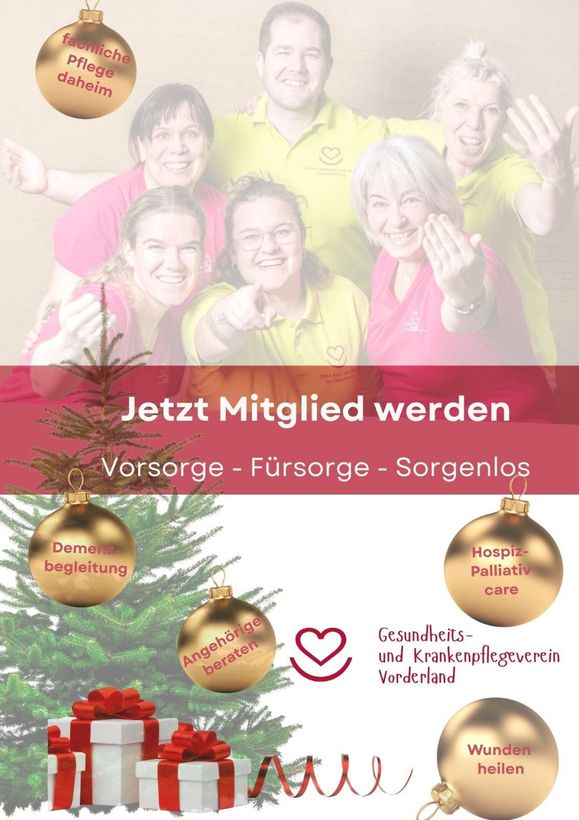 A poster with a group of smiling women in matching pink and yellow shirts. Text reads 'Join Now' with 'Care - Support - Worry-Free'. Three golden ornaments with text 'Dementia Care', 'Hospice Palliative Care', and 'Health and Care Association'.