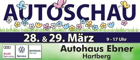 Werbung für eine Veranstaltung am 29. März. Der Text 'TOSCH' mit Schmetterling und Blumen ist zu sehen. Es enthält ein Logo und eine Website 'www.auto-ebner.at'.