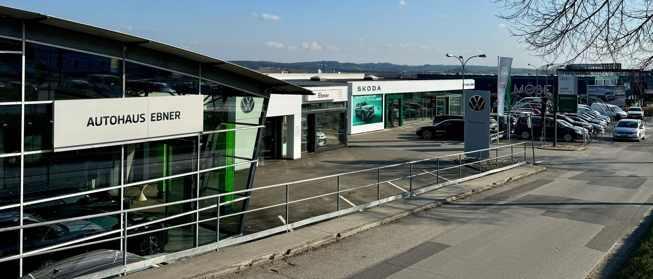 Ein Autohaus im Freien mit mehreren Marken, einschließlich Skoda, unter einem klaren blauen Himmel. Autos sind auf dem Parkplatz abgestellt, und ein Zaun trennt den Parkplatz von der Straße.
