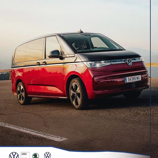 Ein roter Volkswagen-Van mit dem Kennzeichen SE 395 WU steht auf einer Straße. Es ist ein modernes Fahrzeug mit schlankem Design.