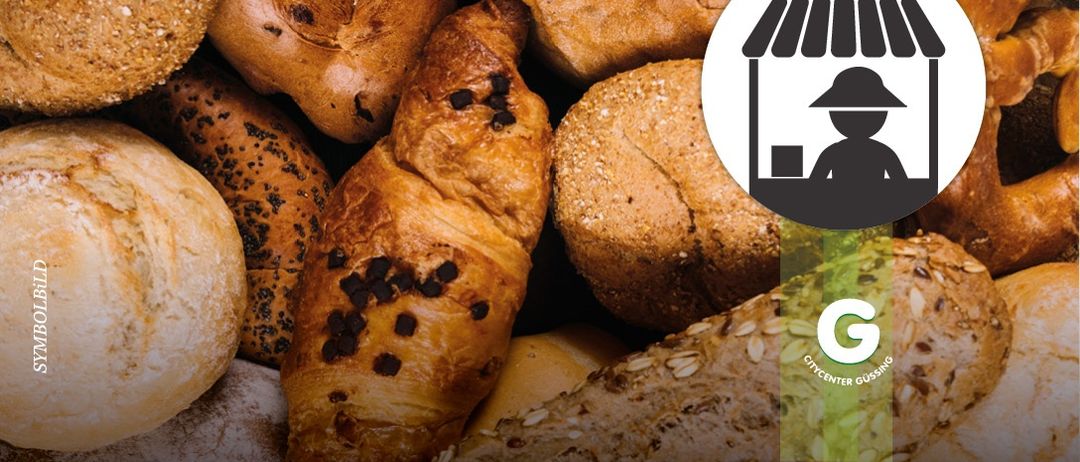 Ein Stapel Brot mit einem Bäckerei-Shop-Symbol im Hintergrund, mit einer Vielzahl von Broten mit verschiedenen Toppings.