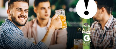 Men in a cafe toasting with beer mugs. A blurred man in the background. A logo of Piazza cafe bar restaurant.
