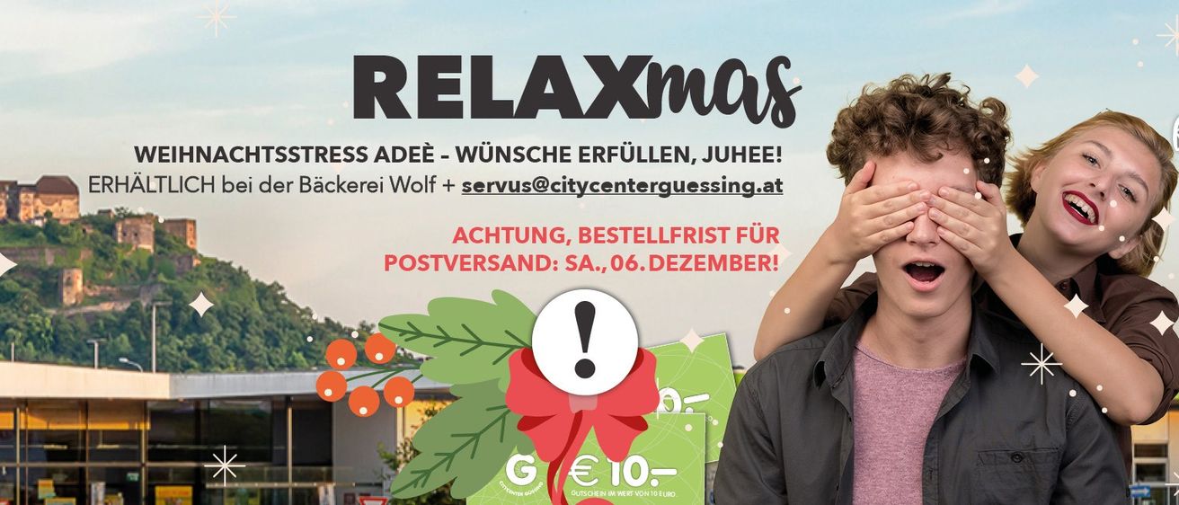 Eine Werbung für 'Relaxmas' mit einem Mann, der seine Augen bedeckt, einem roten Band und einer Notiz, die 'Achtung, Bestellfrist für Postversand: Sa., 06. Dezember!' besagt. Kontaktinformationen sind ebenfalls angegeben.