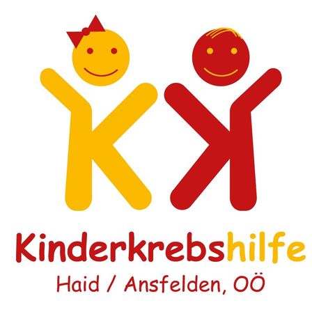 Das Logo zeigt zwei lächelnde Kinder, eines gelb und eines rot, die zusammenstehen. Darunter steht der Text 'Kinderkrebshilfe' in Rot und Gelb. Darunter befindet sich der Ort 'Haid/Ansfelden, OO'.