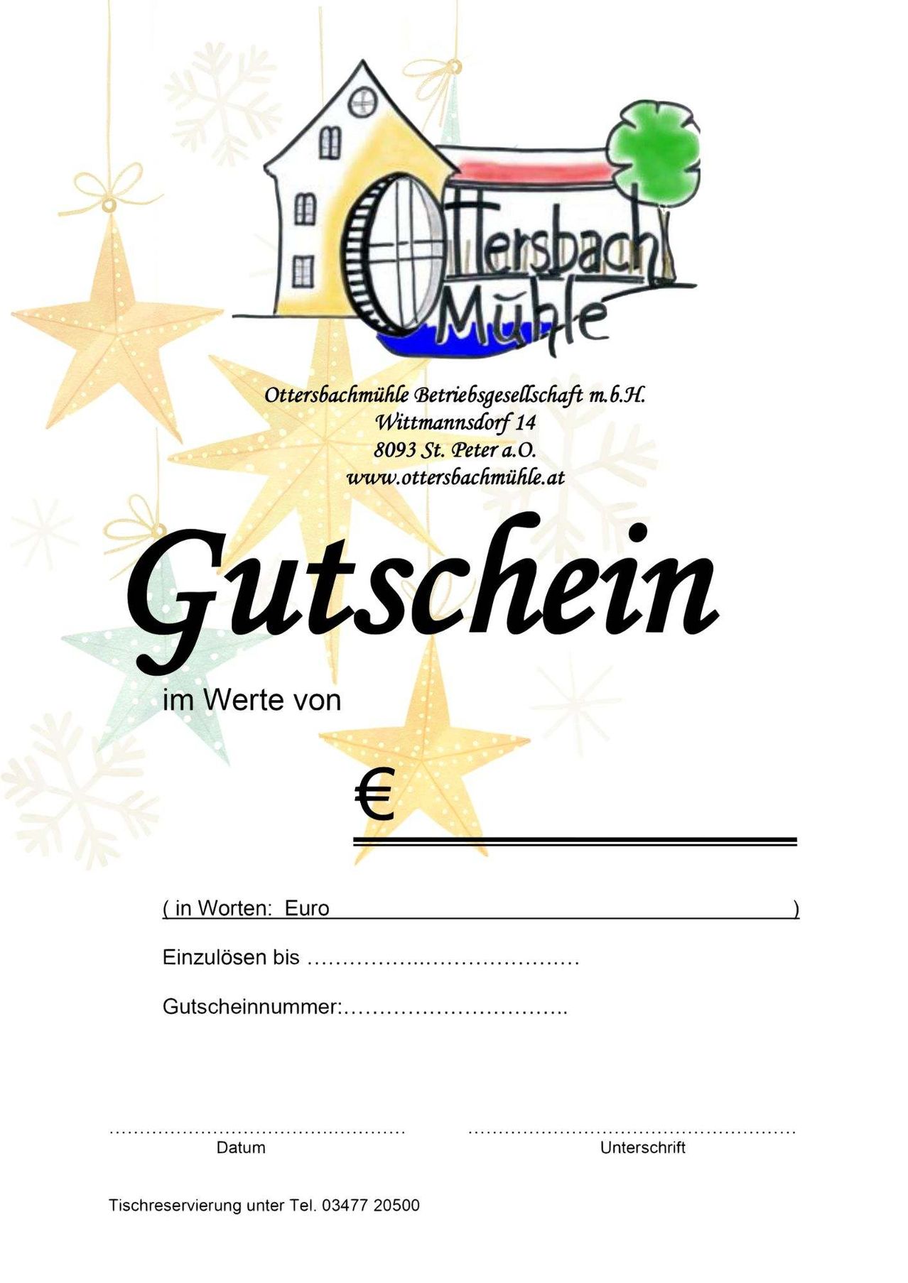 A certificate from Ottersbach Mill GmbH, located at Wittmannsdorf 14, 8093 St. Peter a.O., with a website at www.ottersbachmuehle.at. The voucher is valued at a specific amount in euros. It can be redeemed until a certain date, and has a unique voucher number.