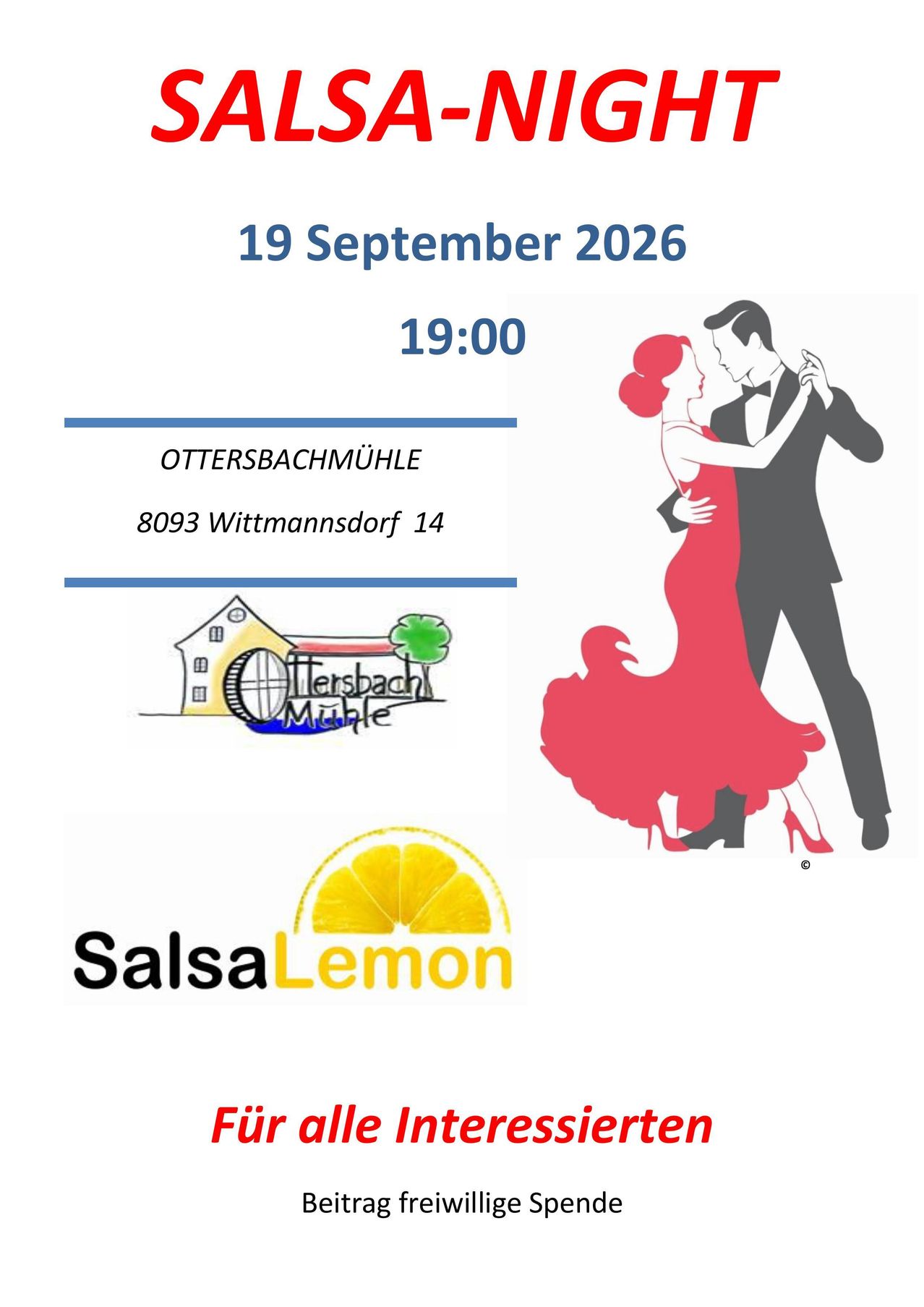 A poster for a salsa dance event on September 19, 2026, at 19:00. It features a couple dancing, a lemon logo, and the location address.