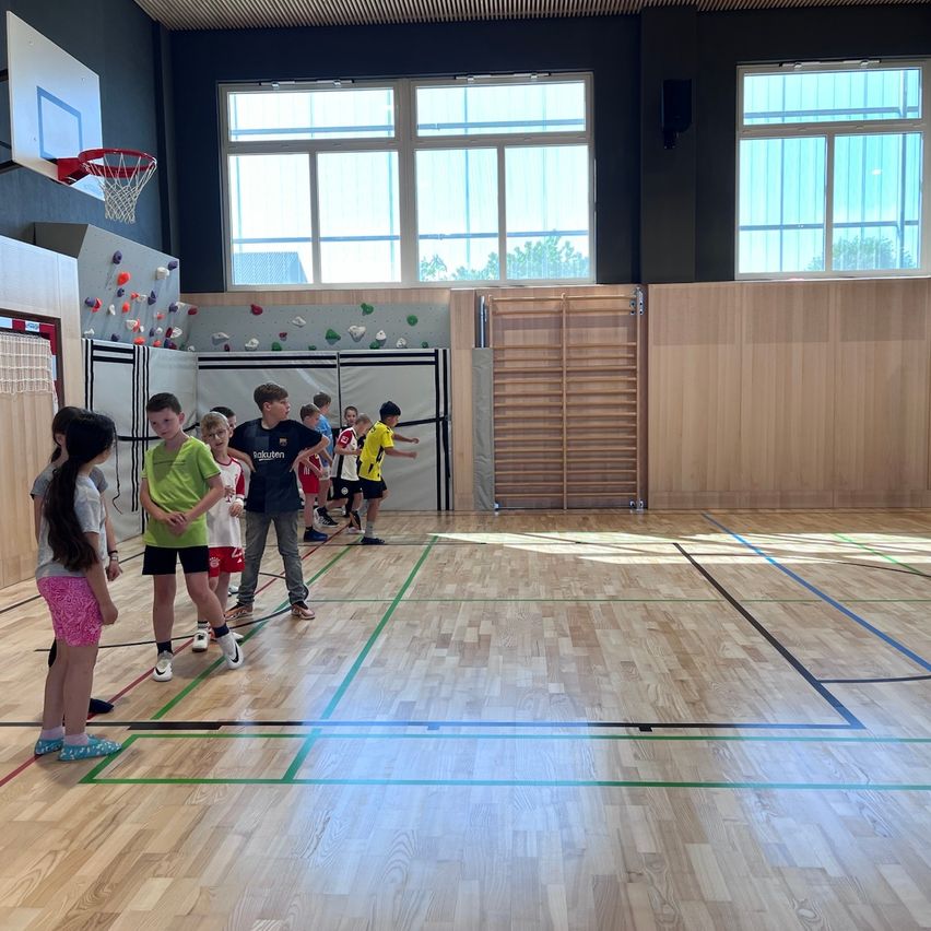 Mehrere Kinder und ein Mann in einer Turnhalle, spielend und in Gruppen stehend, mit einem Basketballkorb, Fenstern und Kletterwänden im Hintergrund.