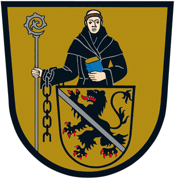 Eine heraldische Darstellung eines Mönchs, der einen Stab und ein Buch hält, über einem Schild mit einem schwarzen Löwen auf gelbem Hintergrund.