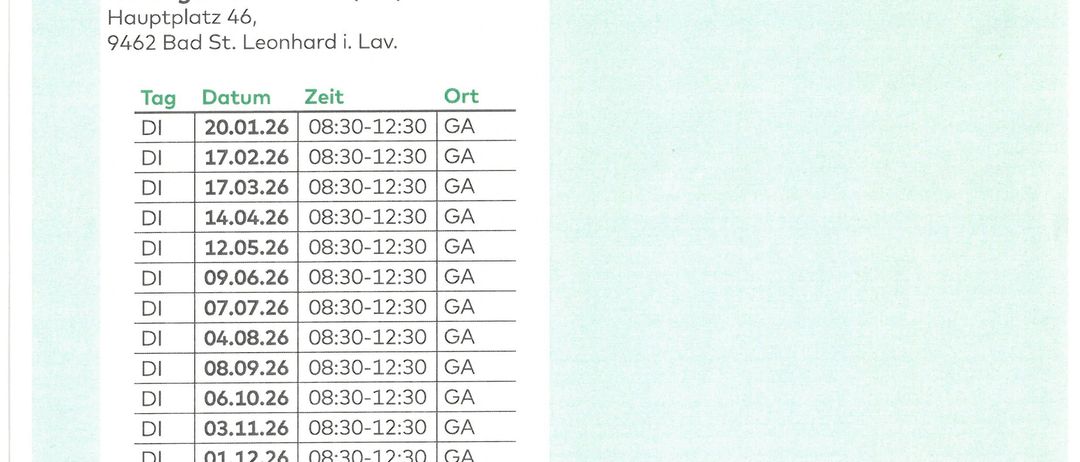 Dokument mit 'SVS-BERATUNGSTAGE 2026' oben. Enthält Termine, Zeiten und Orte für Beratungsphasen. Beginnt 20.01.26 um 08:30-12:30 in Bad St. Leonhard.