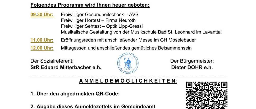 Einladung zum Tag der älteren Generation. Tradition seit 1956. Veranstaltung am 9. Mai 2026. Beinhaltet Gesundheitscheck, Reden, Messe, Mittagessen. Anmeldung per QR-Code oder Formular. Veranstalter StR Eduard Mitterbacher und Bürgermeister Dieter Döhr.