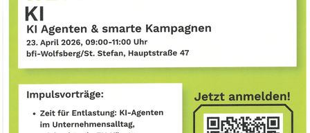 Plakat für ein Business-Frühstück am 23. April 2026, 09:00-11:00 Uhr, bfi-Wolfsberg/St. Stefan, Hauptstraße 47. Thema: KI-Agenten und intelligente Kampagnen. Redner: Michael Roth und Niklas Florian. QR-Code für die Anmeldung.