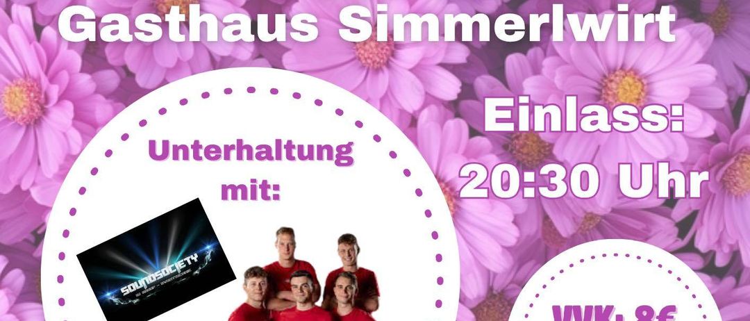 Plakat für eine Veranstaltung am 16. Mai 2026 im Gasthaus Simmelwirt, mit vier Männern in roten Shirts und Logo. Eintritt um 20:30. Ticketpreise sind 8 Euro und 10 Euro.