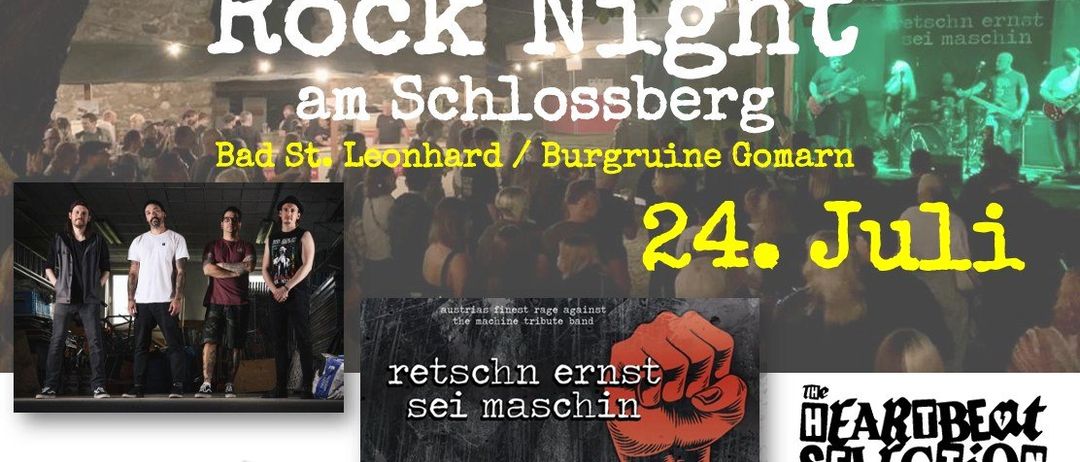 Rock-Nacht am Schlossberg am 24. Juli mit Retschn Ernst sei maschine, einer Tribute-Band für The Heartless. Menschenmassen versammelt, Musiker auf der Bühne.