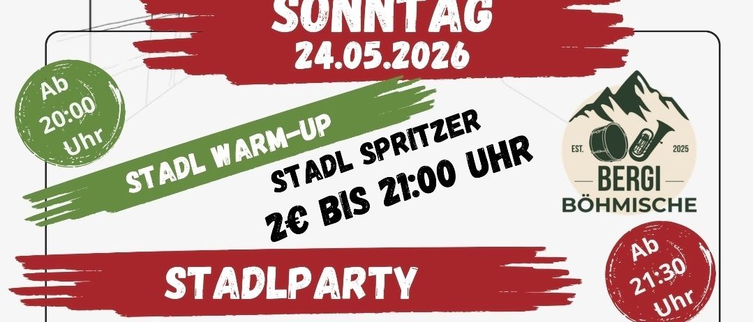 Werbeposter für die SIMMERLWIRT STADL Veranstaltung am Sonntag, 24.05.2026. Das Warm-up beginnt um 20:00 Uhr mit einem Eintritt von 2€ bis 21:00 Uhr. Die Stadtparty startet um 21:00 Uhr mit PartyKrainer. Der Eintritt beträgt 10€ für VVK und 12€ für AK. Am Montag, 25.05.2026, beginnt das Frühstück mit der Trachtenkapel um 11:00 Uhr.