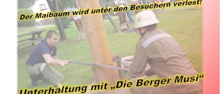 Plakat für eine Feuerwehrveranstaltung am 14. Juni 2026. Zwei Feuerwehrleute schneiden einen Baumstamm, und ein Mann justiert etwas. Die Veranstaltung beinhaltet Wartung und eine Überprüfung der Feuerlöscher.
