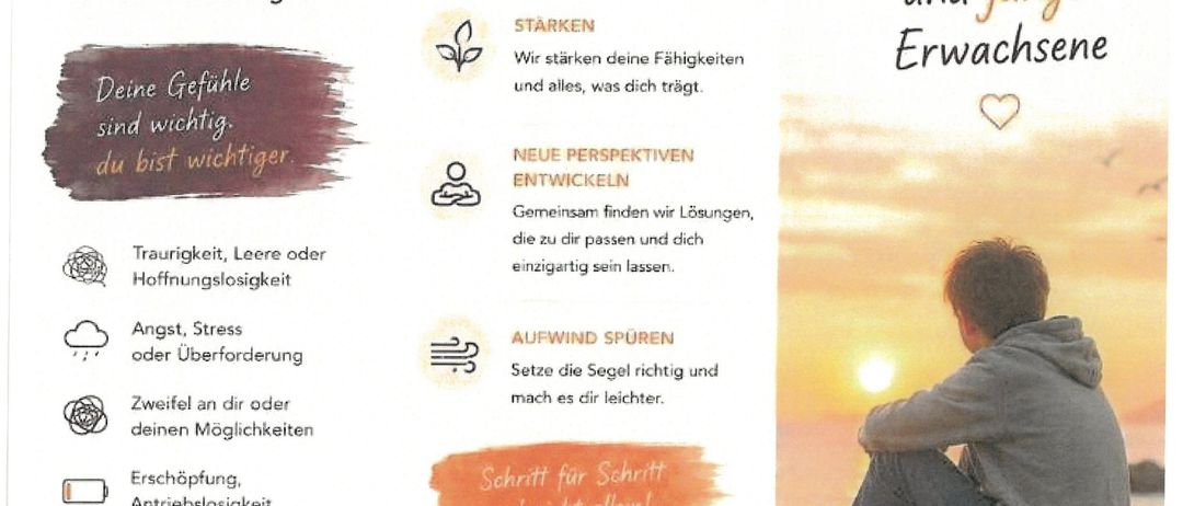 Ein Plakat bietet therapeutische Ratschläge für Kinder und junge Erwachsene. Es enthält Phrasen wie 'Es ist in Ordnung, so zu fühlen' und 'Deine Gefühle sind wichtig.' Es zeigt einen jungen Menschen, der auf einem Felsen sitzt, mit einem Sonnenuntergang im Hintergrund.