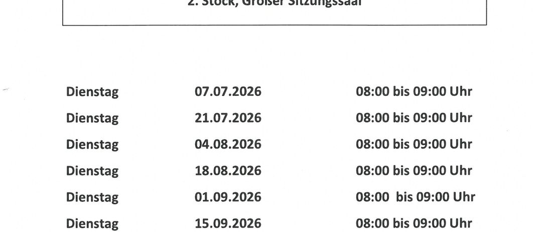 Das Dokument listet Termine für Rechtsberatungsgespräche vom 7. Juli 2026 bis 15. Dezember 2026 auf, die von Anwalt Mag. Herbert Juri durchgeführt werden. Die Termine sind jeden Dienstag von 8:00 bis 9:00 Uhr.