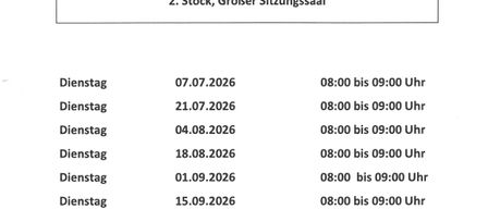 Das Dokument listet Termine für Rechtsberatungsgespräche vom 7. Juli 2026 bis 15. Dezember 2026 auf, die von Anwalt Mag. Herbert Juri durchgeführt werden. Die Termine sind jeden Dienstag von 8:00 bis 9:00 Uhr.