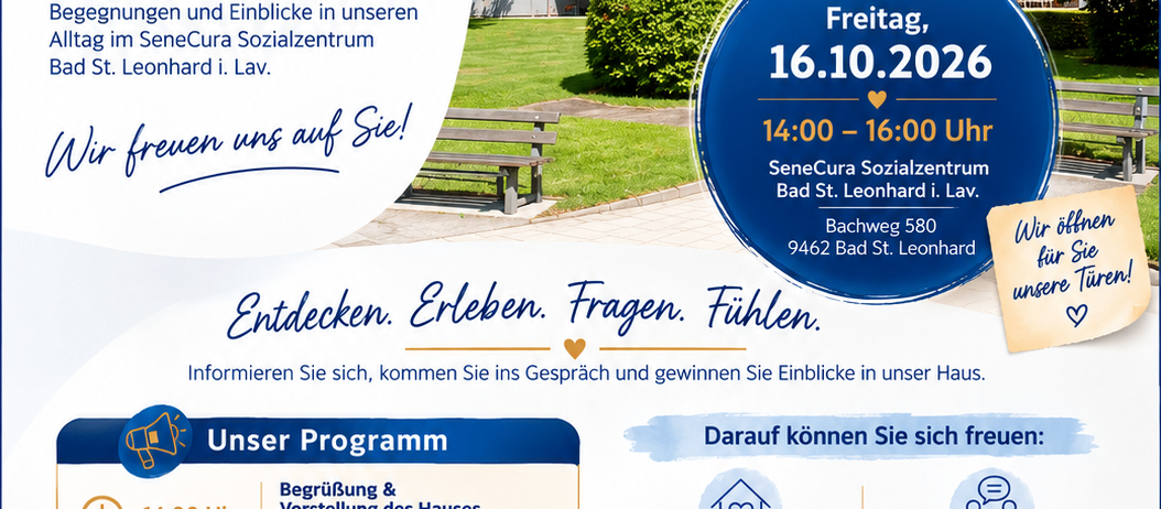 Eine Einladung zum Besuch eines SeneCura Sozialzentrums am Freitag, 16. Oktober 2026, von 14:00 bis 16:00 Uhr. Die Veranstaltung umfasst Führungen, Präsentationen und persönliche Gespräche über die Einrichtung und ihre Dienstleistungen.