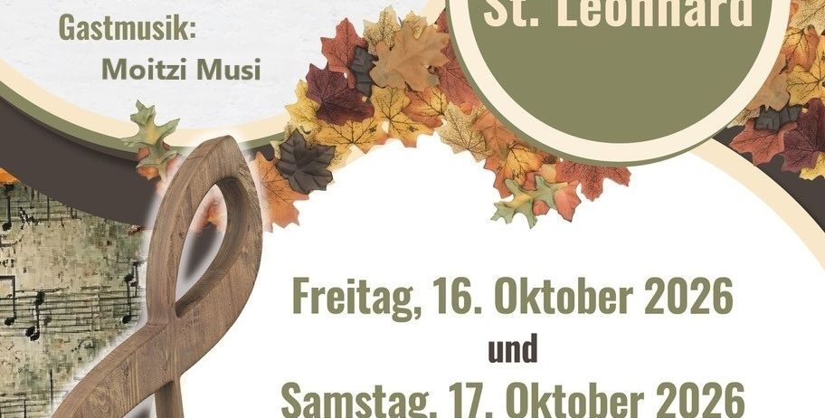 Plakat für Herbst Konzerte mit einem hölzernen Violinschlüssel, Herbstblättern und Veranstaltungsdetails. Die Veranstaltung wird von MGV Bad St. Leonhard veranstaltet und präsentiert den Gastmusiker Moitzi Musi. Sie findet am 16. und 17. Oktober 2026 im Kulturheim Bad St. Leonhard statt.