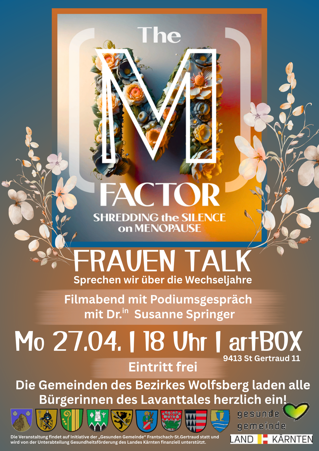 Plakat für einen Frauen-Talk über Wechseljahre. Veranstaltung am 27.04. um 18 Uhr im artBOX. Eintritt frei. Ort: St. Gertrud 11.