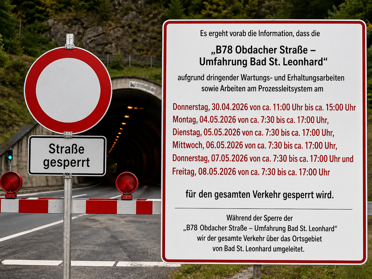 Ein Schild weist darauf hin, dass die B78 Obdacher Straße - Umfahrung Bad St. Leonhard vom 30.04.2026 bis 08.05.2026 für Wartungs- und Prozesssystemarbeiten gesperrt ist.