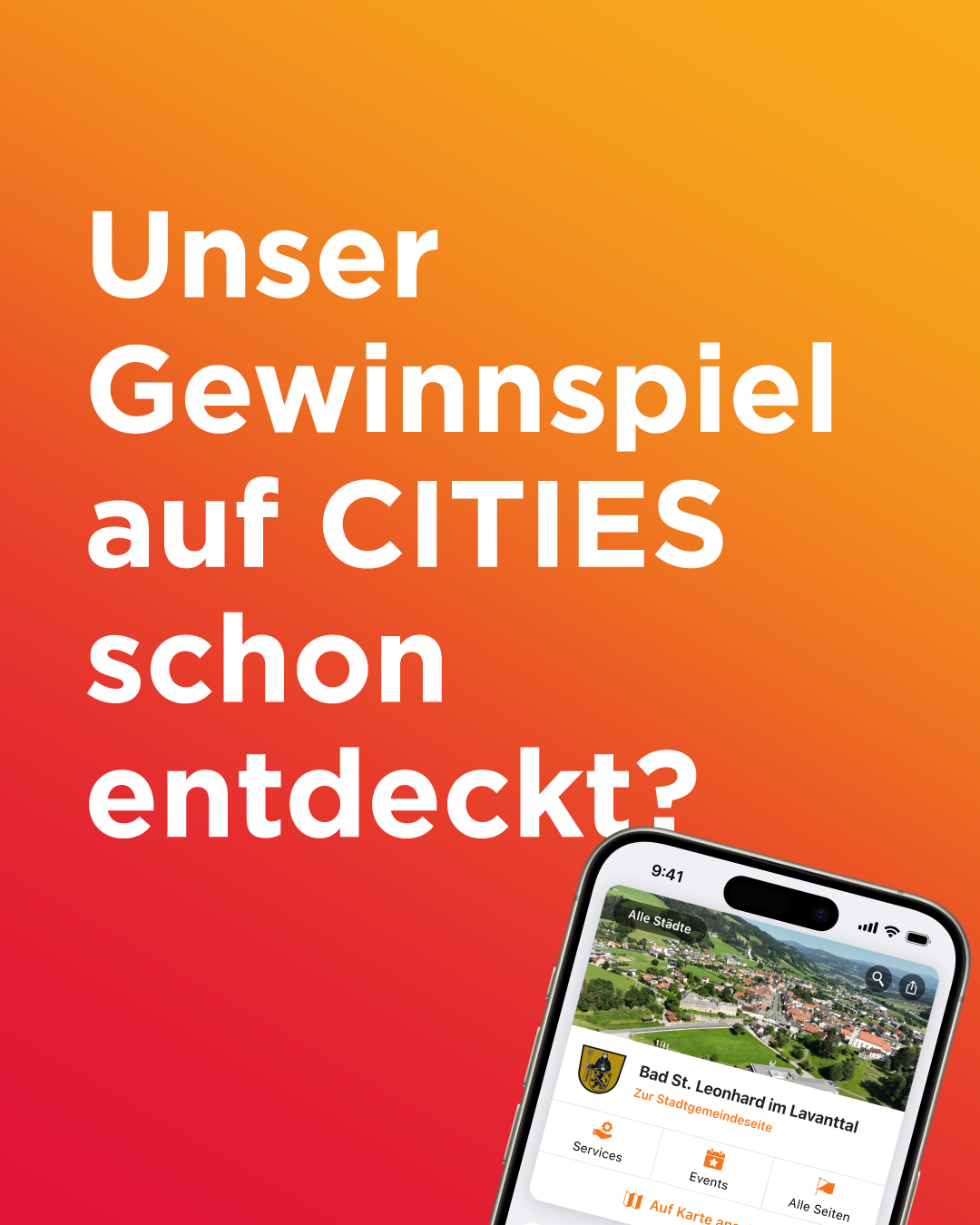 Eine Werbung für ein Spiel namens Cities, angezeigt auf einem Smartphone mit einer Landschaftsansicht auf dem Bildschirm. Der Text ist auf Deutsch und fragt, ob das Spiel entdeckt wurde.