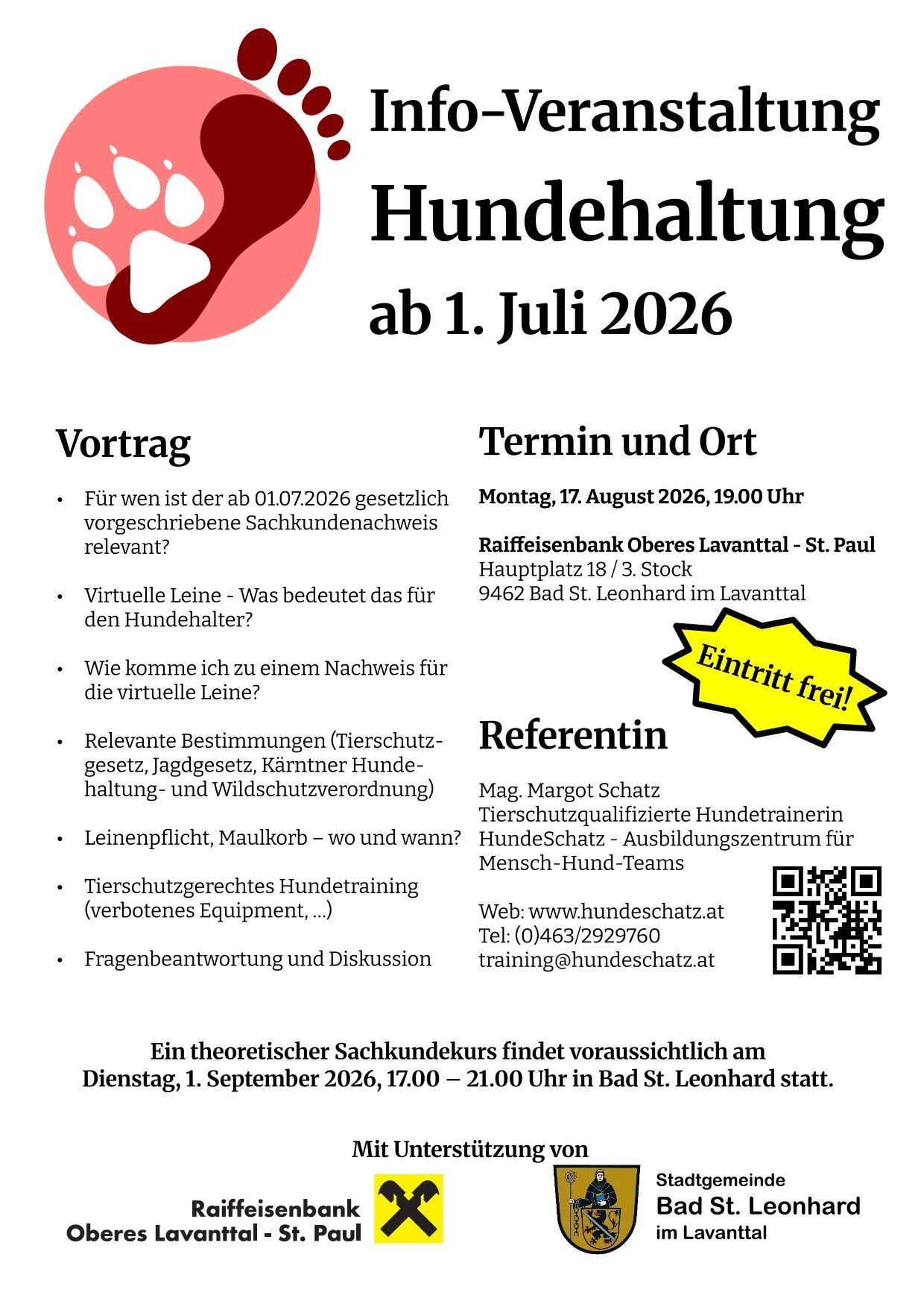 Ein Plakat für einen Hundehaltungskurs, der am 1. Juli 2026 beginnt. Das Plakat enthält Details zum Kurstermin, -ort und -referenten sowie einen QR-Code für weitere Informationen.