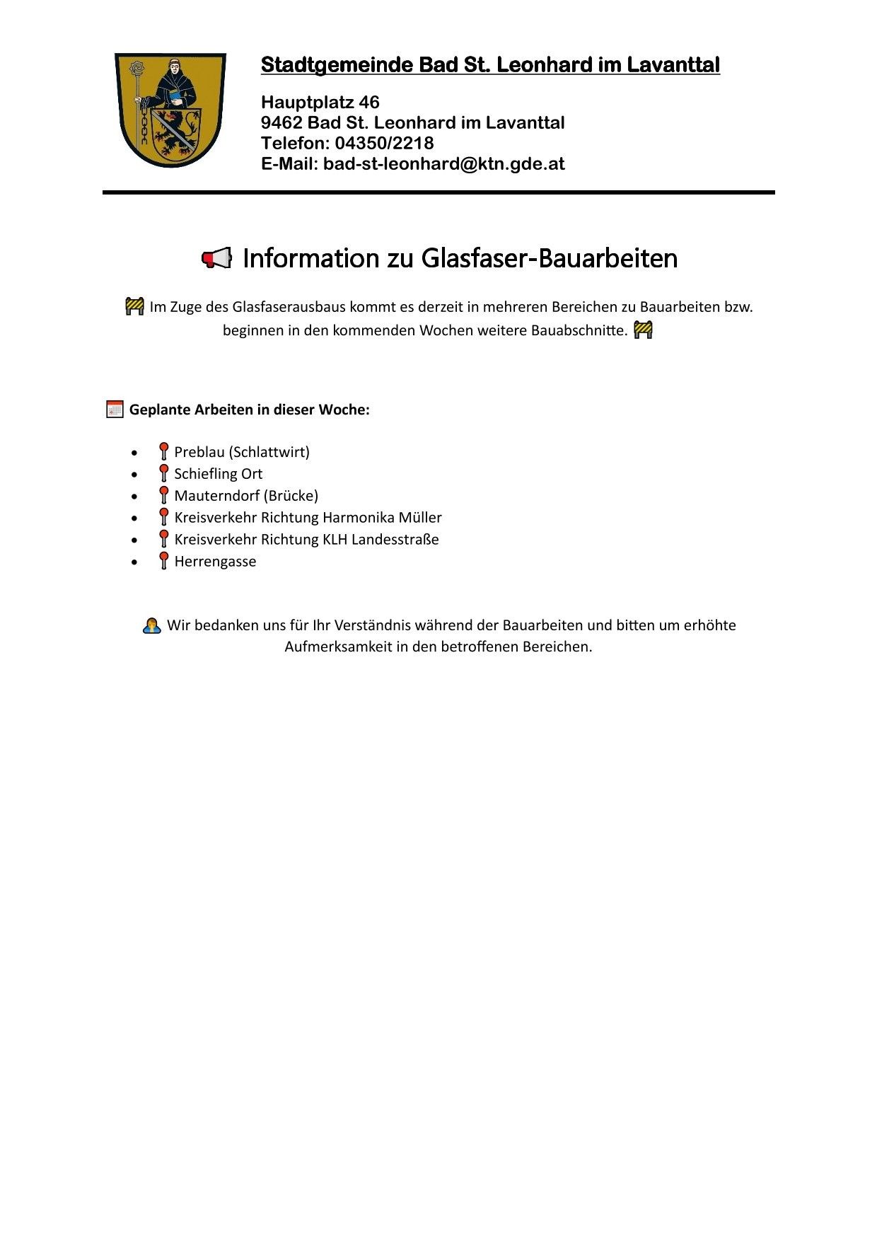 Ein Dokument mit einer Liste von Baustellen für Glasfaserarbeiten, einschließlich Orte wie Preblau, Schiefling Ort, Mauterndorf und mehr. Es bittet auch um Verständnis und erhöhte Aufmerksamkeit in den betroffenen Gebieten.