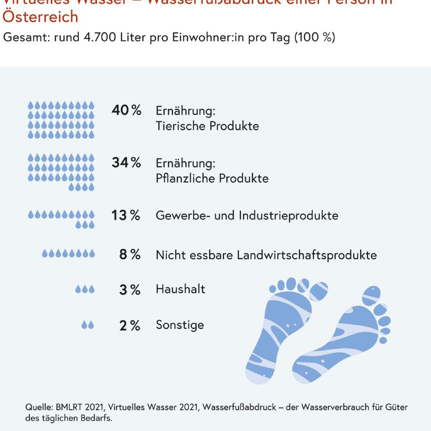Das Bild zeigt den Wasserverbrauch in Österreich pro Person, insgesamt rund 4.700 Liter pro Tag. 40% sind für tierische Produkte, 34% für pflanzliche Produkte, 13% für Industrieprodukte, 8% für nicht essbare landwirtschaftliche Produkte, 3% für den Haushalt und 2% für sonstige Zwecke.