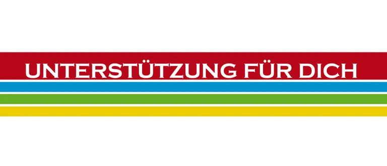 Ein Logo in weissem Text auf rotem Hintergrund mit dem Text 'Unterstützung für Dich' und darunter einem blau-grün-gelben Streifen.