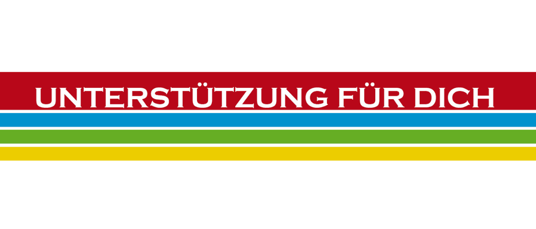 Ein Logo in weissem Text auf rotem Hintergrund mit dem Text 'Unterstützung für Dich' und darunter einem blau-grün-gelben Streifen.