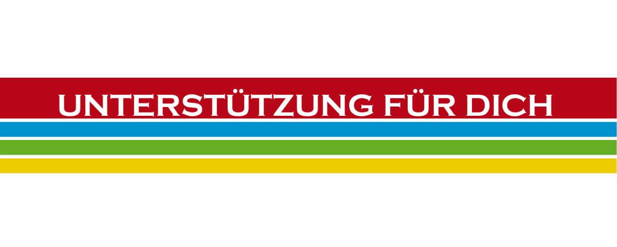 Ein Logo in weissem Text auf rotem Hintergrund mit dem Text 'Unterstützung für Dich' und darunter einem blau-grün-gelben Streifen.