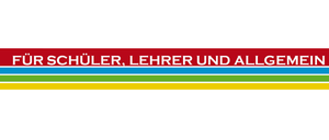 Ein horizontaler mehrfarbiger Streifen mit dem Text 'SCHÜLER, LEHRER UND ALLG' in weißer Schrift. Die Farben sind rot, blau, grün und gelb.