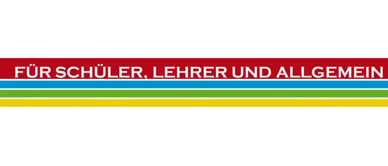 Ein horizontaler mehrfarbiger Streifen mit dem Text 'SCHÜLER, LEHRER UND ALLG' in weißer Schrift. Die Farben sind rot, blau, grün und gelb.