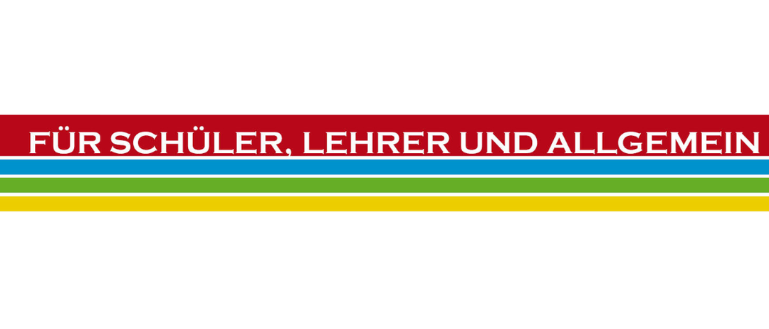Ein horizontaler mehrfarbiger Streifen mit dem Text 'SCHÜLER, LEHRER UND ALLG' in weißer Schrift. Die Farben sind rot, blau, grün und gelb.