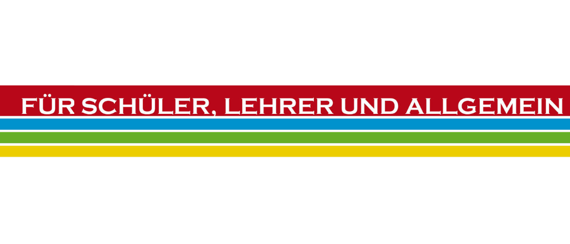 Ein horizontaler mehrfarbiger Streifen mit dem Text 'SCHÜLER, LEHRER UND ALLG' in weißer Schrift. Die Farben sind rot, blau, grün und gelb.
