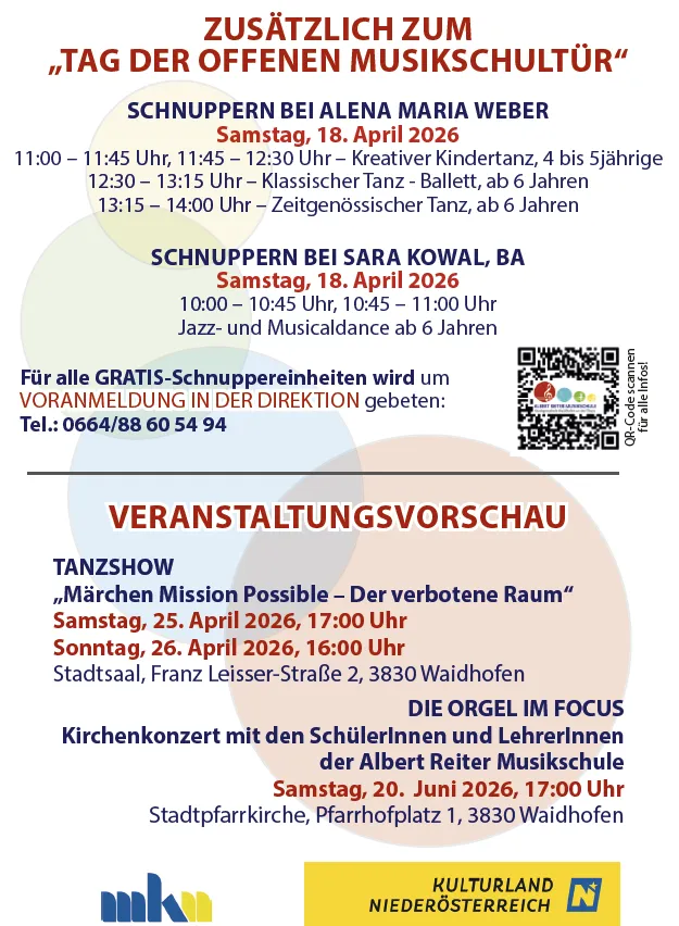 Ein Plakat kündigt verschiedene Musikveranstaltungen an, einschließlich kostenloser Schnupperstunden bei Lena Maria Weber und Sara Kowal am 18. April 2026. Eine Tanzshow 'Marchen Mission Possible' ist für den 25. und 26. April 2026 geplant. Ein Orgel-Fokus-Konzert ist für den 20. Juni 2026 vorgesehen.
