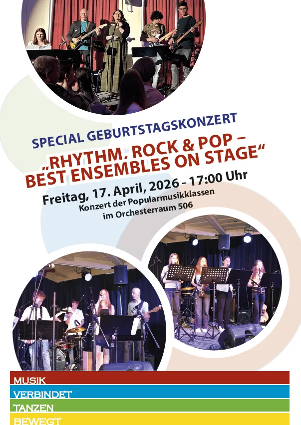 Plakat für ein spezielles Geburtstagskonzert. Eine Gruppe von Musikern tritt auf der Bühne auf. Das Datum ist der 17. April 2026 um 17:00 Uhr.